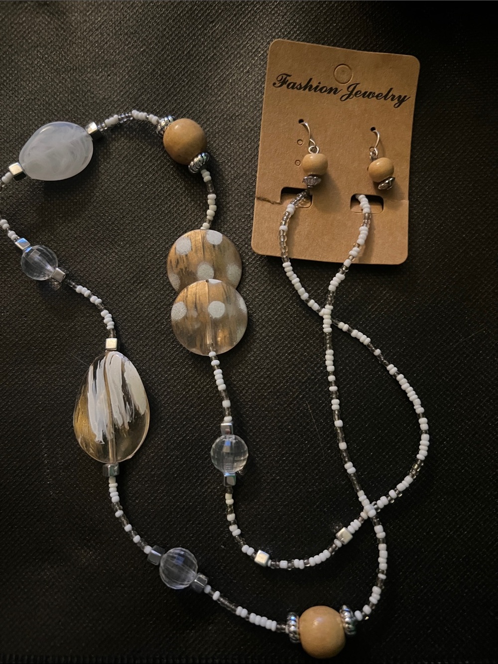 Fashion Jewelry White, Tan & Clear Beaded Necklace with Matching Earrings